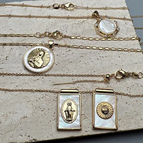 Religious Pendant Necklace Copper Gold Plated White Mother Of Artificial Pearl Virgin Mary Guadalupe Vintage Catholic Jewelry Women
