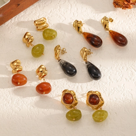 Vintage Maillard Style Resin Drop Earrings With PVD Gold Plated 304 Stainless Steel Geometric Elegant Jewelry For Women