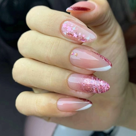 Faux Ongles Press On Longs Amande French Tip Dégradé Rose Blanc Étoile Paillettes Strass Élégants