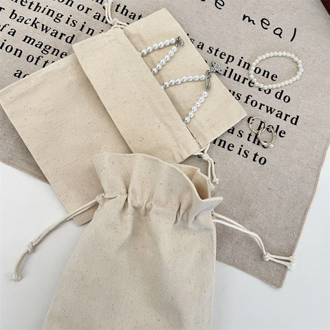 Drawstring Storage Bag Canvas Pouch Minimalist Plain Off White For Jewelry Cosmetics Travel Gift Packaging