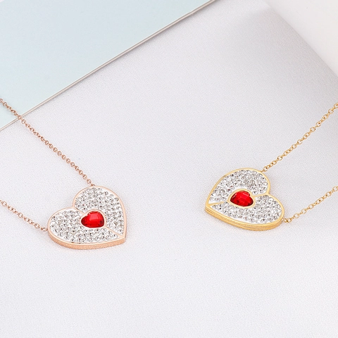 Stainless Steel Heart Necklace And Earrings With Red Cubic Zirconia Rhinestone For Women Romantic Elegant