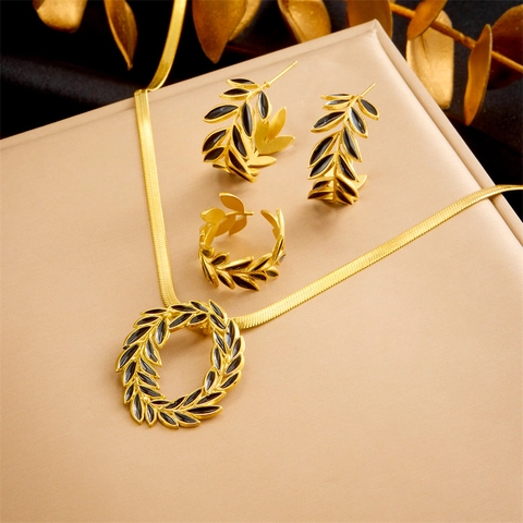 Edelstahl Blatt Halskette Ohrringe Und Ring Vergoldet Schwarz Emaille Retro Boho Mode Für Damen