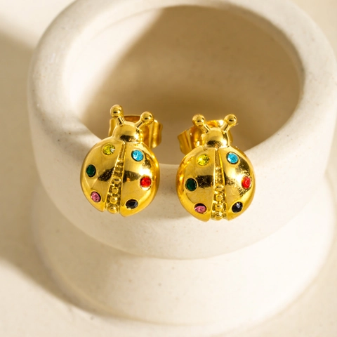 Fashion Stainless Steel Colorful Rhinestone Ladybug Stud Earrings Sweet Insect Jewelry For Women Gold Plated Earrings