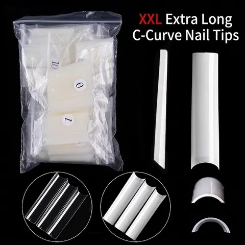 XXL Extra Long C-Curve Water Pipe False Nail Tips 504PCS Transparent Natural ABS Plastic Full Cover Press On Nails For Women DIY Manicure