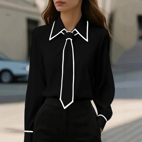 Femme Chemisier Pullover Manches Longues Avec Col Cravate Passepoil Contrasté Élégant Polyester Bureau Haut