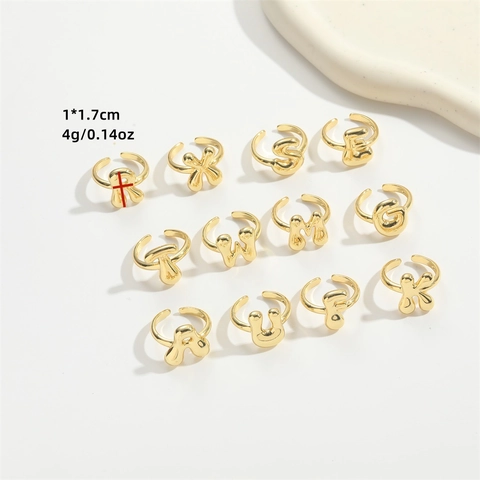 Gold Plated Copper Open Ring With Puffy Bubble Initial Letter Alphabet Minimalist Chunky Jewelry For Women