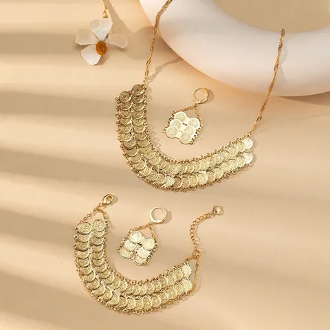 Dubai 24K Gold Plated Coin Jewelry Set For Women Ethnic Copper Necklace Bracelet Earrings Wedding Banquet Party Accessories