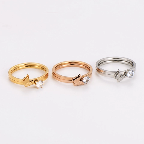 Butterfly Stacking Ring 304 Stainless Steel Cubic Zirconia Double Layer Elegant Fashion Jewelry For Women