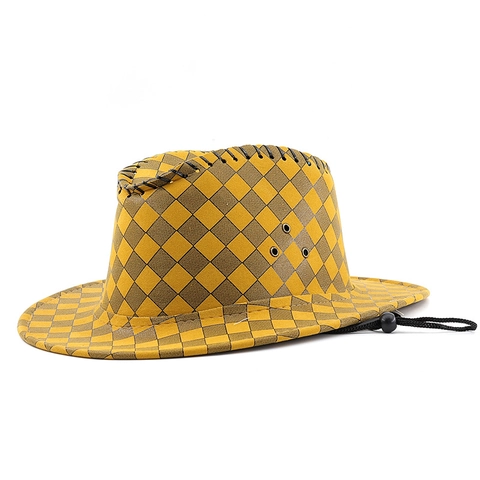 Westerse Cowboyhoed Geruit Polyester Verstelbaar Fedora Jazz Stijl Retro Zonbescherming Met Winddicht Touw