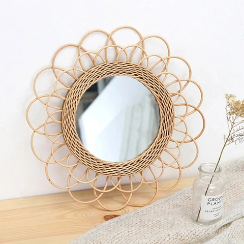 Bohemian Decorative Wall Mirror Hand Woven Rattan Sunburst Sunflower Shape Round Hanging Mirror For Bedroom Living Room