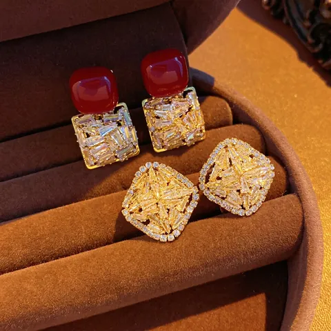 Geometrische Vierkante Zirkoon Oorknopjes Met Zilveren Oorsteker Koper Verguld Vintage Elegante Damessieraden