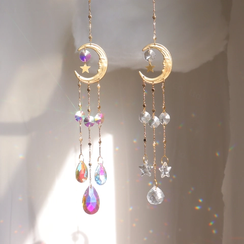 Κρυστάλλινο Sun Catcher Φεγγάρι Αστέρι Μεταλλικό Μενταγιόν Rainbow Maker Κρεμαστό Πρίσμα Διακόσμηση Κήπου Παραθύρου