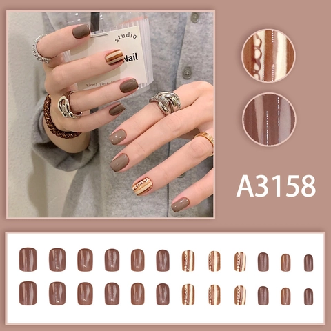 Press On Nails Short Square Artificial False Finger Nails Brown Mocha Chocolate Stripe DIY Manicure For Women