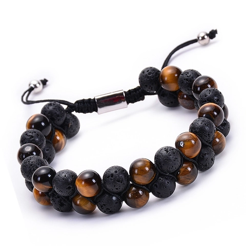 Double Row Beaded Bracelet Natural Tiger Eye Volcanic Lava Stone Adjustable Woven Braided Cord Jewelry For Men Women