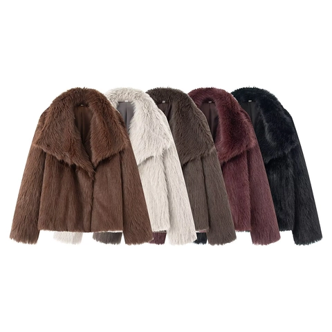 Women Faux Fur Jacket Elegant Solid Color Large Lapel Short Coat Fashionable Casual Outerwear