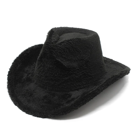 Women Plush Faux Fur Western Cowboy Hat Wide Brim Warm Fedora Jazz Hat Autumn Winter Outdoor Fashion