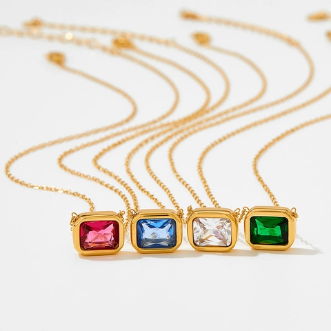 Stainless Steel Square Zircon Pendant Necklace Emerald Cut Colorful Cubic Zirconia Clavicle Chain Jewelry For Women