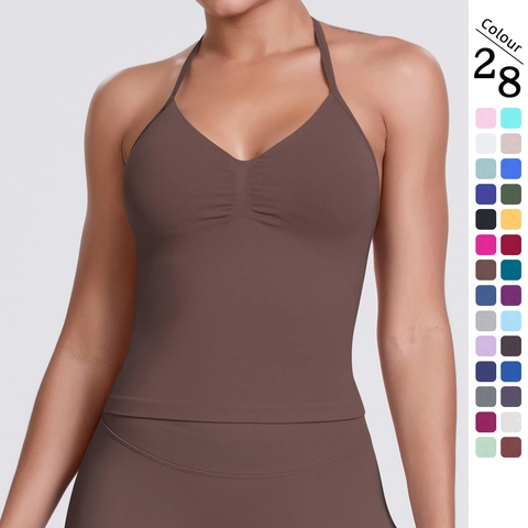 Women Yoga Tank Top Halter Neck V-Neck Ruched Front Seamless Knit High Elasticity Gym Fitness Workout Breathable
