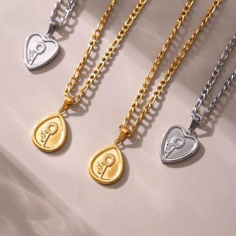 Collana Con Ciondolo Girasole Cuore Goccia In Acciaio Inossidabile Placcato Oro 18K Catena Figaro Gioielli Per Donna Moda