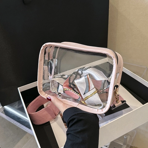 Clear Transparent PVC Square Crossbody Bag With Satin Scarf Wide Fabric Shoulder Strap Fashion Women Purse
