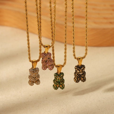 Bear Pendant Necklace Stainless Steel Twist Chain Rhinestone Inlaid 18K Gold Plated Waterproof Jewelry For Women