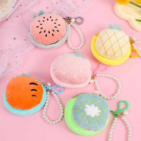 Monedero De Peluche Con Forma De Fruta Con Cadena De Perlas Artificiales Pequeña Bolsa De Almacenamiento Con Cremallera Estilo Dulce