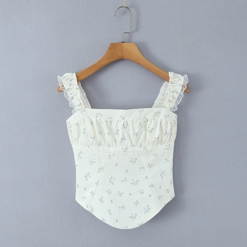 Top Cami Imprimé Fleuri Style Français Smocké Col Carré Bordure Dentelle Ourlet Corset Sans Manches Chemisier Été Doux Femmes