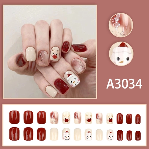 Christmas Press On Nails Square False Nails Reindeer Snowman Pattern Wine Red White Gradient Glitter Artificial Nails