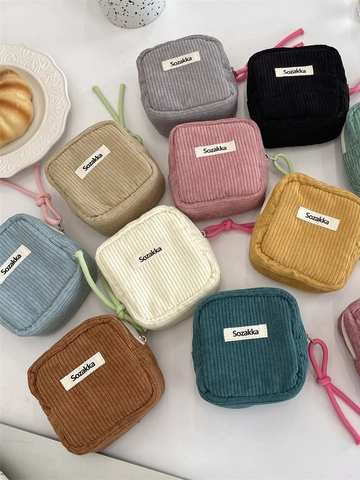 Corduroy Square Makeup Bag Solid Color Small Cosmetic Storage Pouch Portable Zippered Purse Women Girls Simple Travel