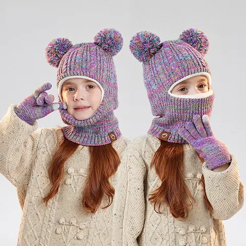 Kids Winter Balaclava Hood And Touchscreen Gloves Acrylic Knit Plush Lined Windproof Warm Neck Warmer Pom Poms