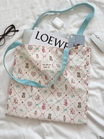 Women Textured Cotton Canvas Tote Bag Large Capacity Cute Cartoon Animal Print Shoulder Bag For Students Daily Use