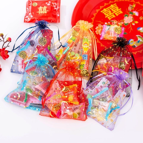 Organza Drawstring Bags Bronzing Gold Silver Star Moon Pattern Jewelry Packaging Candy Gift Pouches Wedding Party Favor