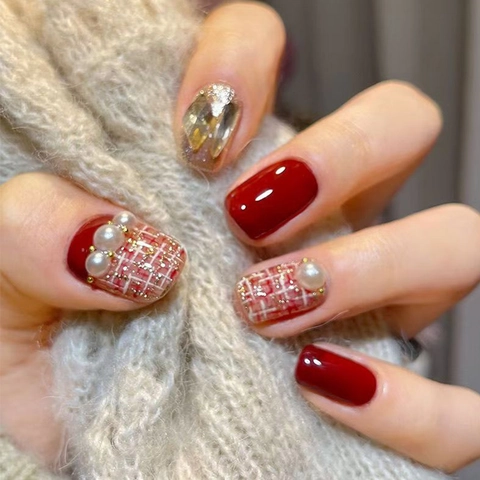 Press On Nails Red Tweed Pattern With Artificial Pearls Rhinestones Elegant Square Round Short Fake Nails For Women