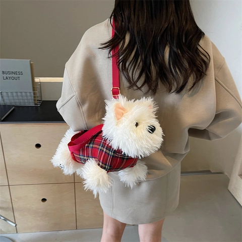 Graziosa Borsa a Tracolla in Peluche di Cane Westie Borsa a Spalla da Ragazza a Forma di Cucciolo Bianco Con Gilet a Quadri Tartan Borsa da Giorno per Donna Teenager
