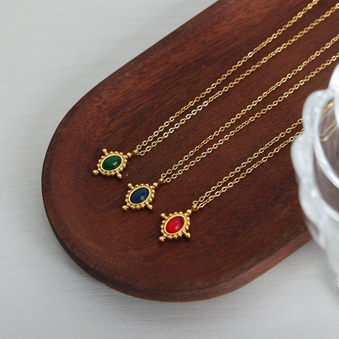 Collana Con Pendente In Agata Ovale Vintage Acciaio Al Titanio Placcato Oro 18K Gioielli Stile Francese Per Donna