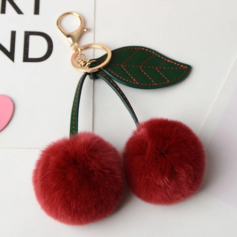 Porte-Clés Cerise Pompon En Fausse Fourrure Charme De Sac Avec Feuilles En Similicuir Fermoir Mousqueton En Alliage