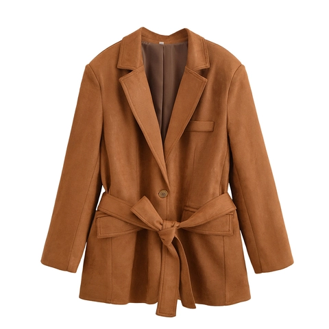 Damen Blazer Jacke Aus Wildlederimitat Mit Taillengürtel Revers Langarm Lässig Karamell Herbst Mode Oberbekleidung