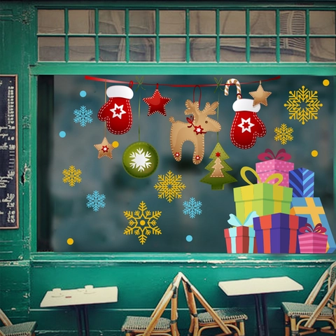 Weihnachten Fensteraufkleber PVC Statisch Haftend Schneeflocke Rentier Geschenkbox Aufkleber Glasoberfläche Feiertag Haus Dekoration