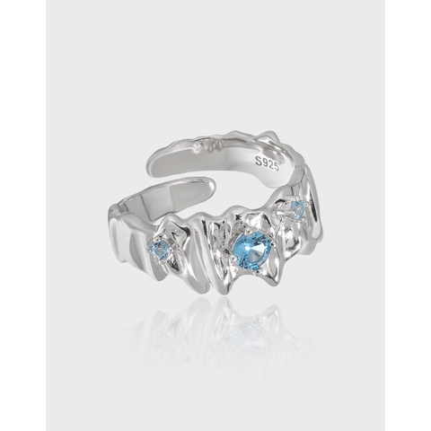 Unregelmäßige Welle Flüssigmetall Ring 925 Sterling Silber Blauer Zirkon Verstellbare Offene Band Mode Schmuck Damen