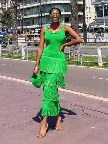 Sleeveless Knit Maxi Dress With Fringe Hem Tassel Slim Fit U-Neck Elegant Sexy Long Evening Party Vacation For Women