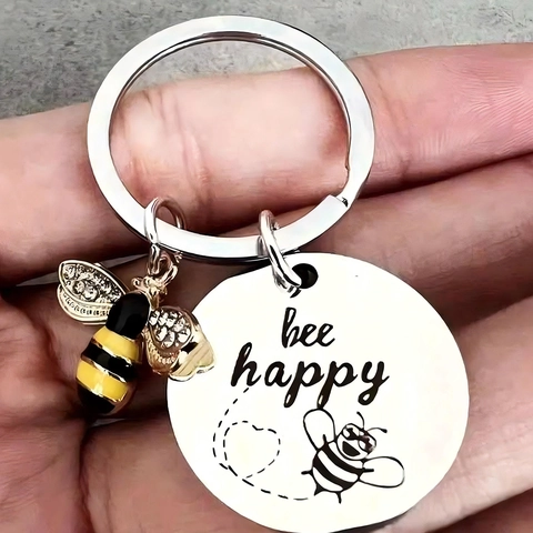 Portachiavi Bee Happy In Acciaio Inossidabile Con Ciondolo Ape In Smalto E Strass Citazione Ispiratrice Anello In Metallo Regalo