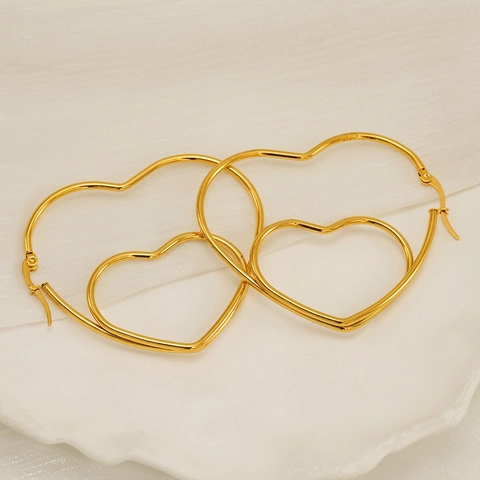 Pendientes Aro Acero Inoxidable Chapado Oro 18 Quilates Doble Capa Forma Corazón Hueco Grande Joyas Minimalistas Mujeres