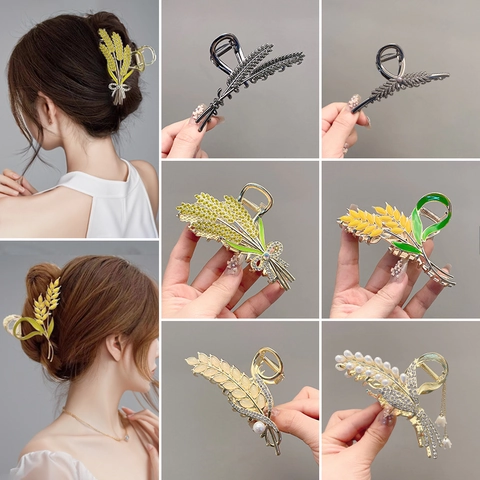 Elegant Wheat Stalk Floral Hair Claw Clips Zinc Alloy Rhinestone Artificial Pearls Large Shark Clips For Women Sophisticated Hair Accessories