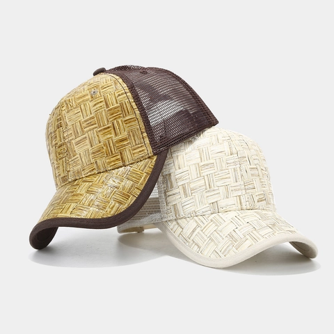 Straw Woven Mesh Baseball Cap Breathable Trucker Hat Summer Outdoor Sun Protection Adjustable Fashionable Solid Color