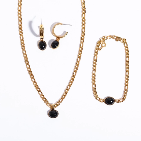 Collana Bracciale E Orecchini Catena Figaro In Acciaio Al Titanio Con Ciondolo In Pietra Naturale Nera Rame Moda