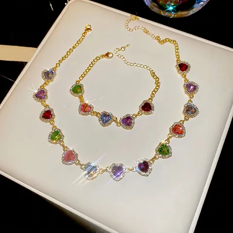 Collana E Bracciale In Lega Con Strass A Cuore Colorato Stile Corte Vintage Per Donne