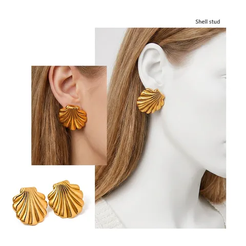 Pendientes De Botón De Concha Retro Bañados En Oro De 18 Quilatos Acero Inoxidable Forma De Abanico Joyería Vintage Para Mujeres