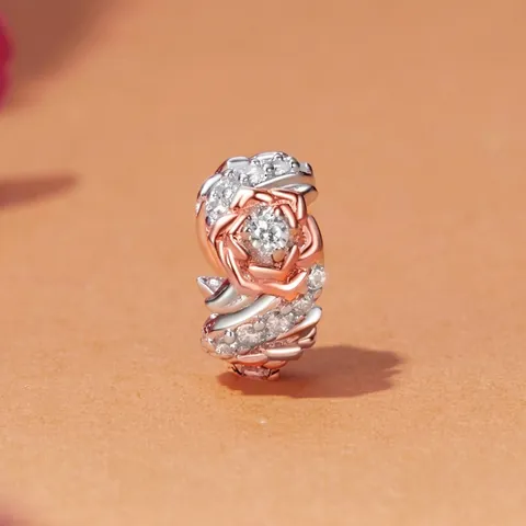 Rose Flower Charm Bead 925 Sterling Silver Two Tone Plated Cubic Zirconia DIY Accessory For Bracelet Jewelry Making