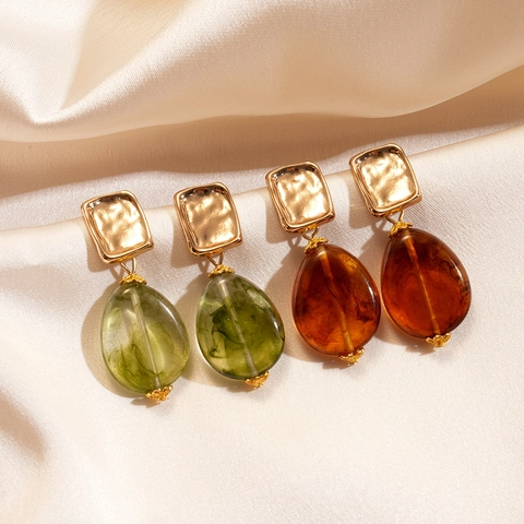 Vintage Water Drop Earrings Alloy Acrylic With 925 Sterling Silver Earring Post Geometric Square Wrinkled Gold Texture