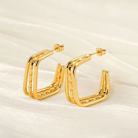 Geometric Square Multi Layer Stud Earrings Stainless Steel Gold Plated Twisted Rope Texture Elegant Minimalist Jewelry For Women